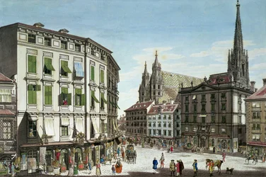Stock-im-Eisen-Platz, med Stefansdomen i bakgrunden, graverad av konstnären, 1779